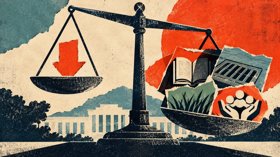 Paper collage of a scale weighing a downward arrow against public services.