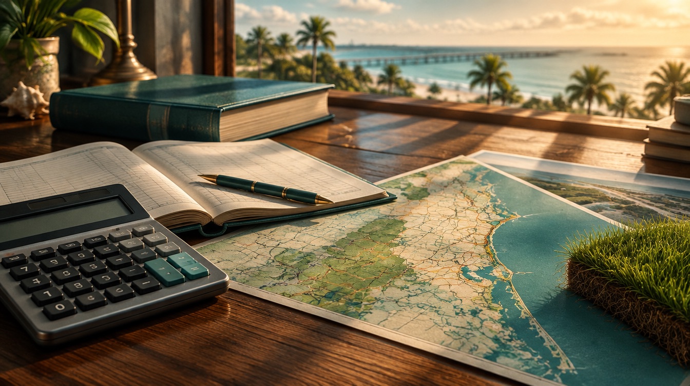 Editorial illustration of a ledger, calculator and county map