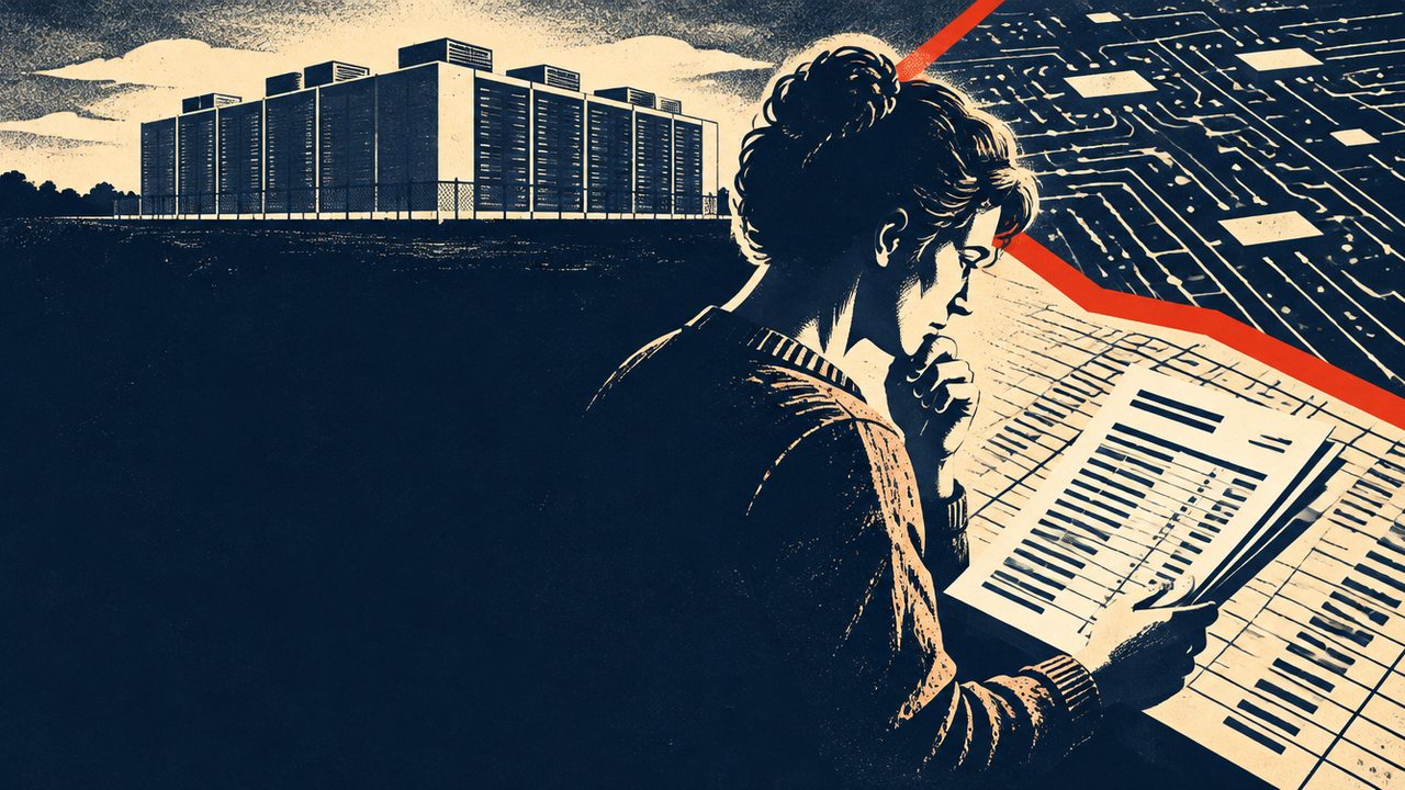 An invented resident studying abstract budget pages near an imagined data center in a woodcut-style illustration.
