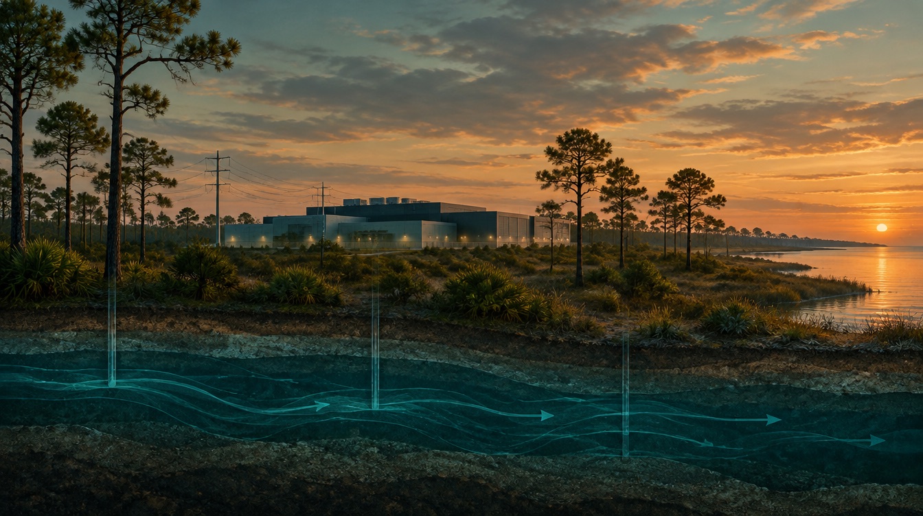 Editorial illustration of a generic data center and underground water flows