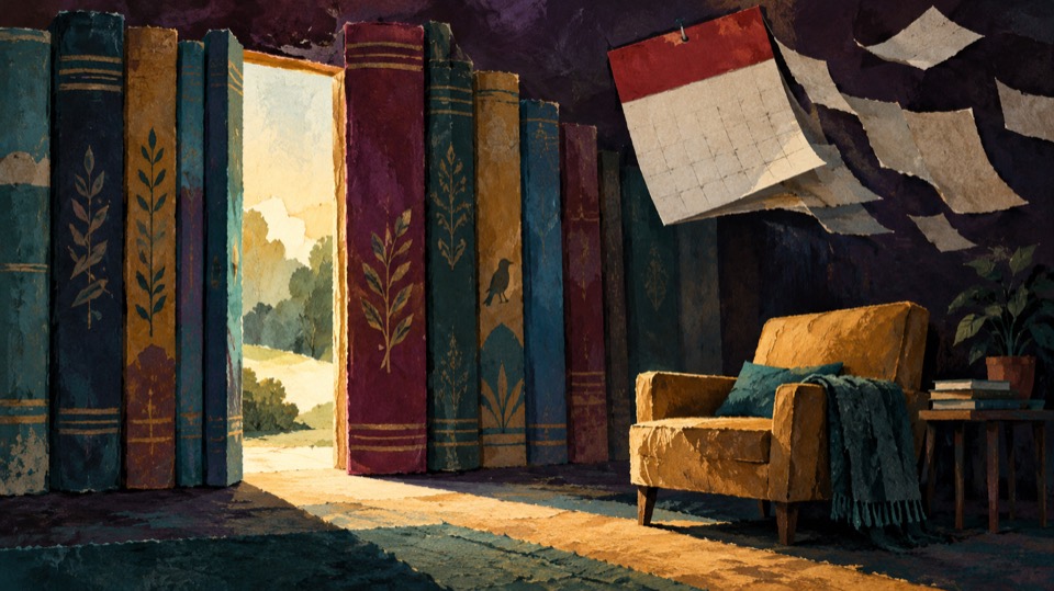 Gouache collage of books forming a doorway beside an empty reading chair and calendar page.