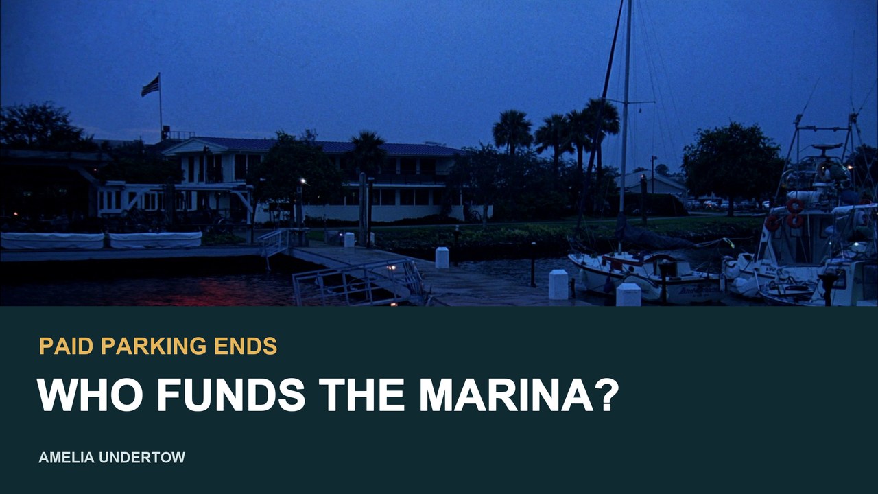 Editorial depiction of a generic marina at dusk with the words Paid parking ends. Who funds the marina?