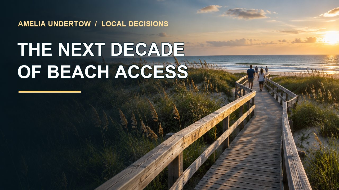 Editorial depiction of a beach access boardwalk with the words The next decade of beach access.