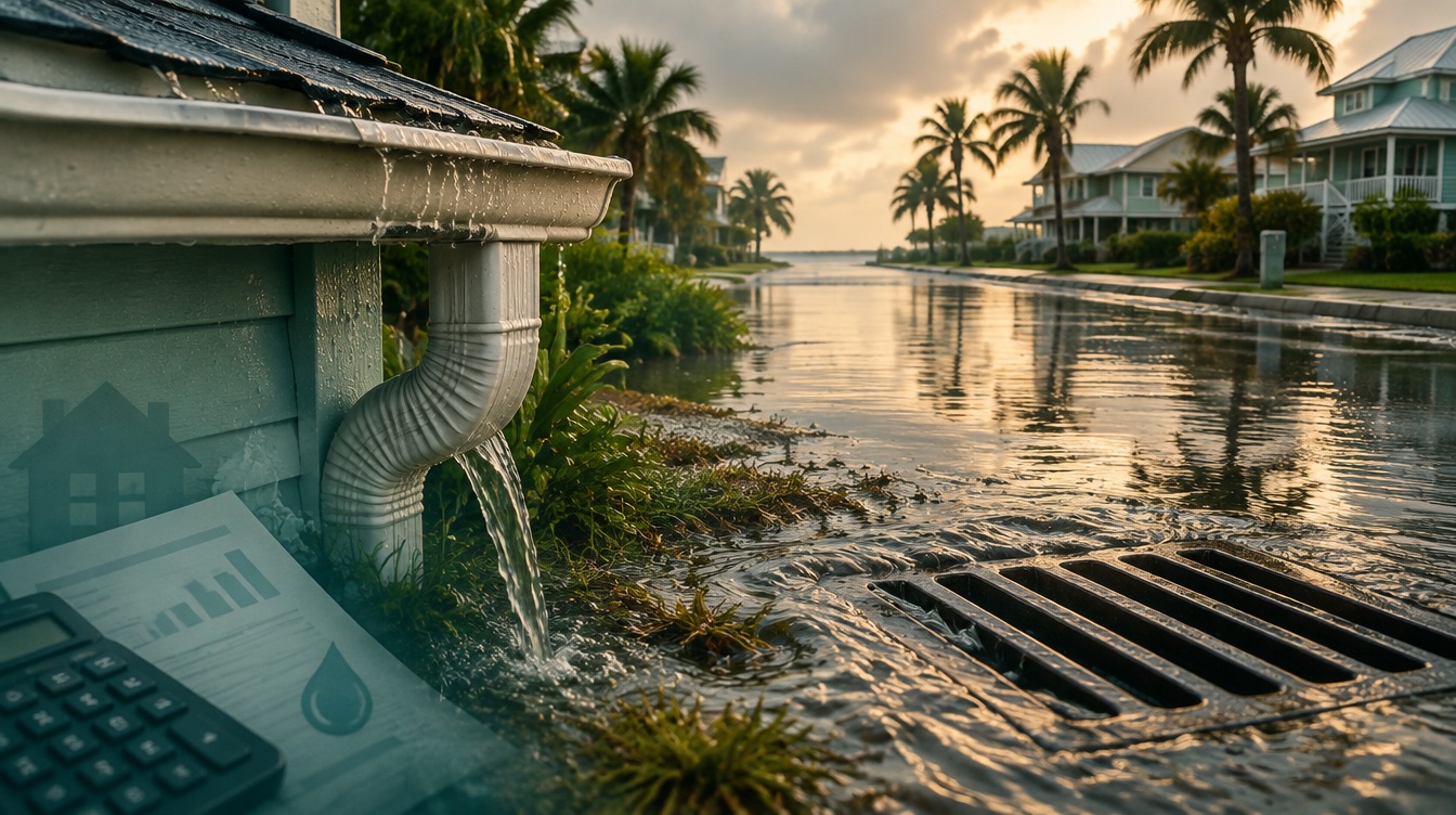 Editorial illustration of rainwater flowing toward a street drain