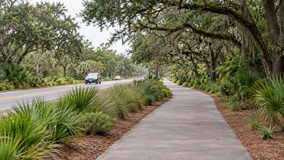 Editorial concept of a separated shared-use path beside a generic road in a North Florida landscape.